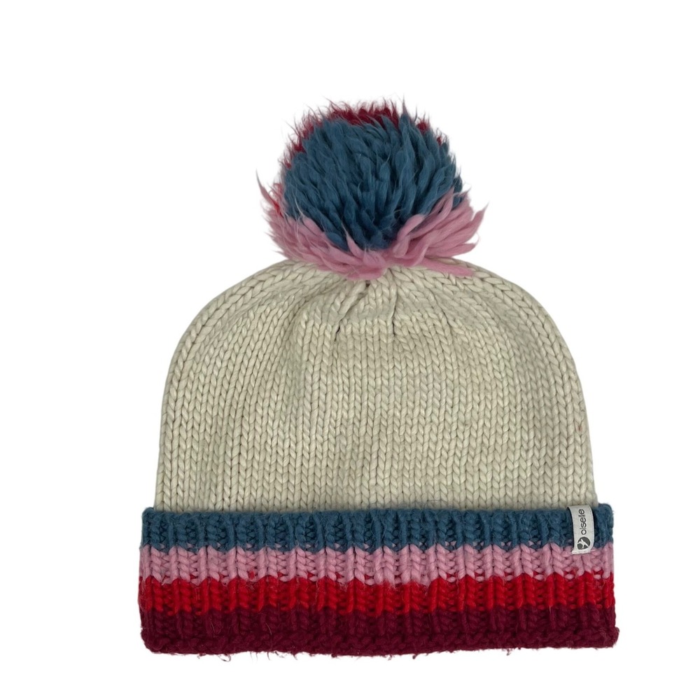 Oiselle Womens Chunky Knit Pom Beanie Cream Striped Blue Pink Red Acrylic Hat